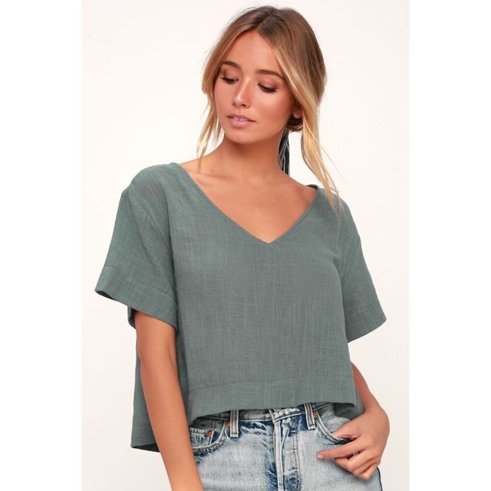 Lulus Signorina Grey Blue Short Sleeve Top - Size XL
